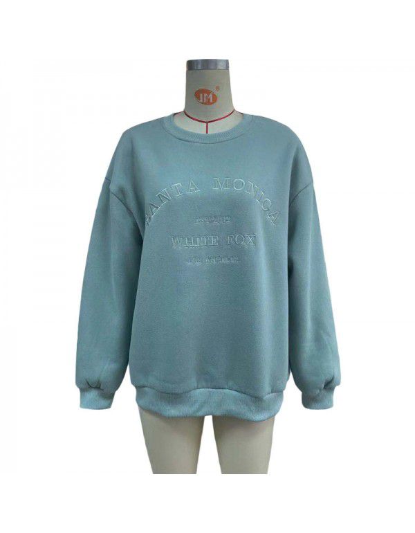 Letter Embroidery Loose Relaxed Long Sleeve Sweater with Plush Pullover Sweatshirt