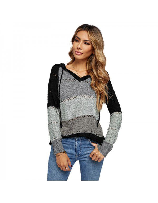 Shiying Knitted Hoodie Women's European and American Long Sleeve Loose Color Stripe Pullover Top Spring and Autumn