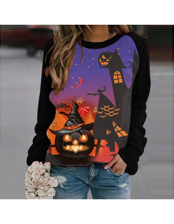 Women's Halloween Round Neck Pullover Long Sleeve Casual Loose Pumpkin Print Women's Sweater