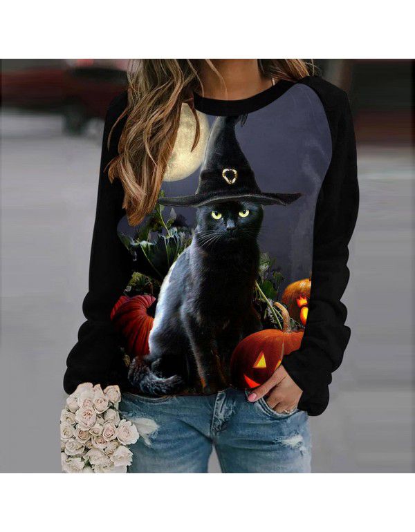 Women's Halloween Round Neck Pullover Long Sleeve Casual Loose Pumpkin Print Women's Sweater