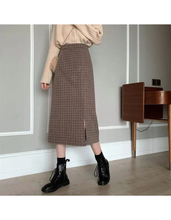 Autumn and Winter New Hong Kong Style Half-length Women's Mid-length Plaid Skirt High Waist A-line Wrapped Hip Skirt Slim Bottom Skirt 