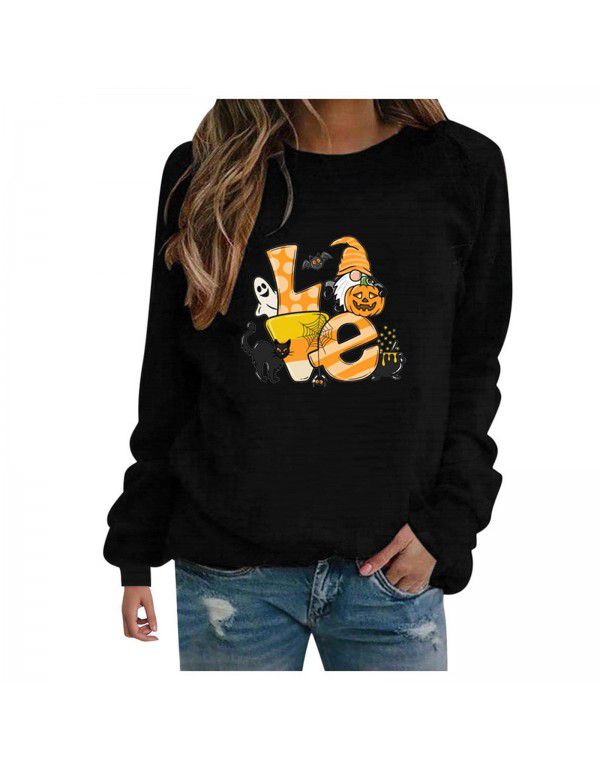 Women's Halloween Round Neck Pullover Long Sleeve Casual Loose Pumpkin Print Women's Sweater