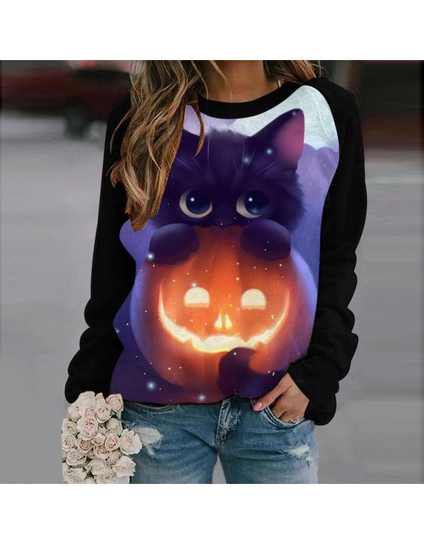 Women's Halloween Round Neck Pullover Long Sleeve Casual Loose Pumpkin Print Women's Sweater