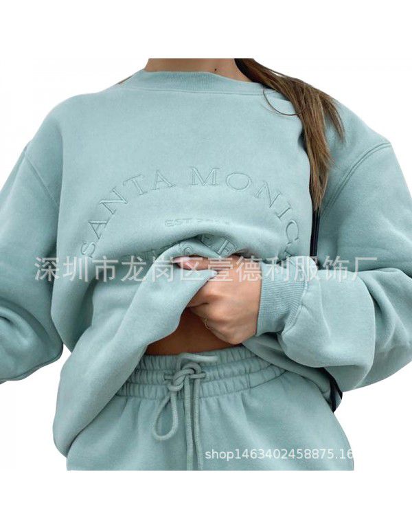 Letter Embroidery Loose Relaxed Long Sleeve Sweater with Plush Pullover Sweatshirt