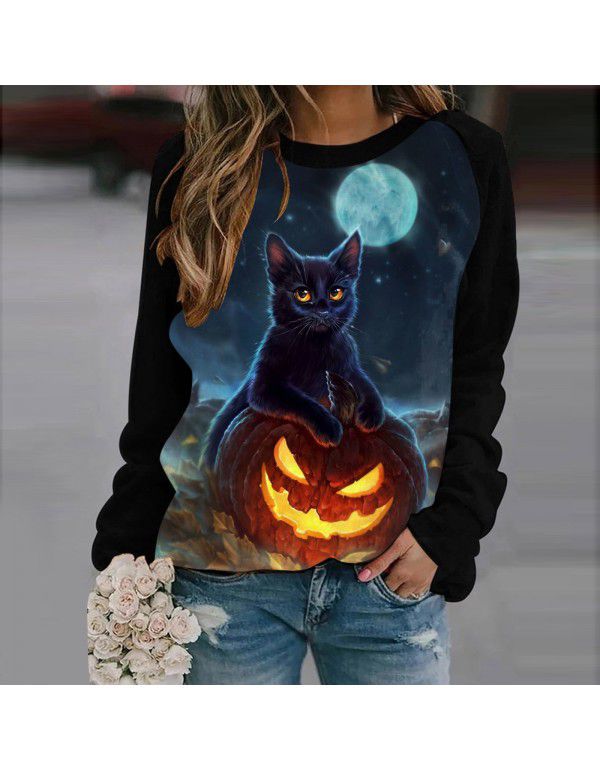 Women's Halloween Round Neck Pullover Long Sleeve Casual Loose Pumpkin Print Women's Sweater