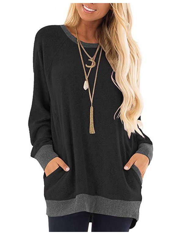 Autumn and winter women's round neck contrast pocket sweater long-sleeved pullover sweatshirt casual T-shirt 