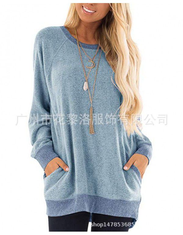 Autumn and winter women's round neck contrast pocket sweater long-sleeved pullover sweatshirt casual T-shirt 