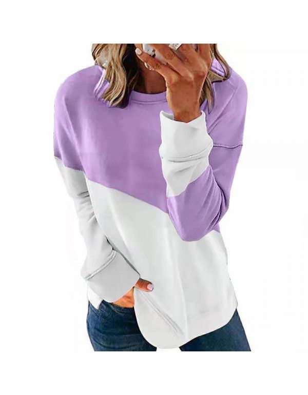 New Contrast Color Long Sleeve Round Neck Contrast Loose Sweater T-shirt Top Women