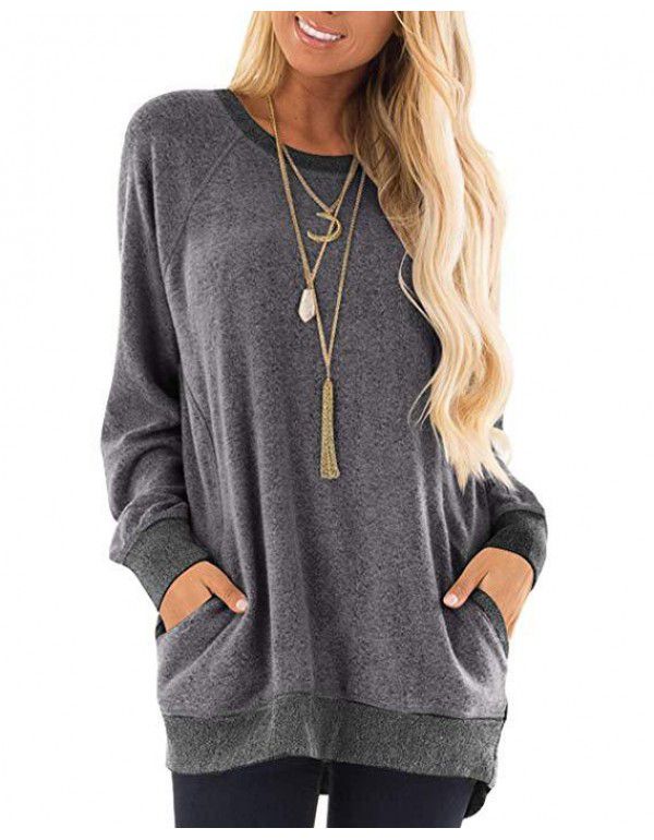 Autumn and winter women's round neck contrast pocket sweater long-sleeved pullover sweatshirt casual T-shirt 