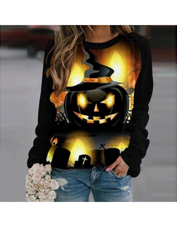 Women's Halloween Round Neck Pullover Long Sleeve Casual Loose Pumpkin Print Women's Sweater