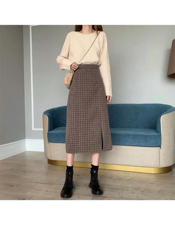 Autumn and Winter New Hong Kong Style Half-length Women's Mid-length Plaid Skirt High Waist A-line Wrapped Hip Skirt Slim Bottom Skirt 