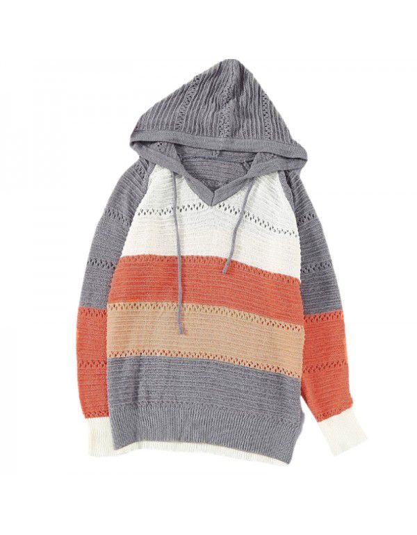 Shiying Knitted Hoodie Women's European and American Long Sleeve Loose Color Stripe Pullover Top Spring and Autumn