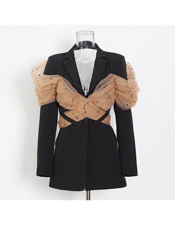 Small Suit Coat Women's Spring New Mesh Splice Small Man Mesh Red Black Casual Suit Top Fashion