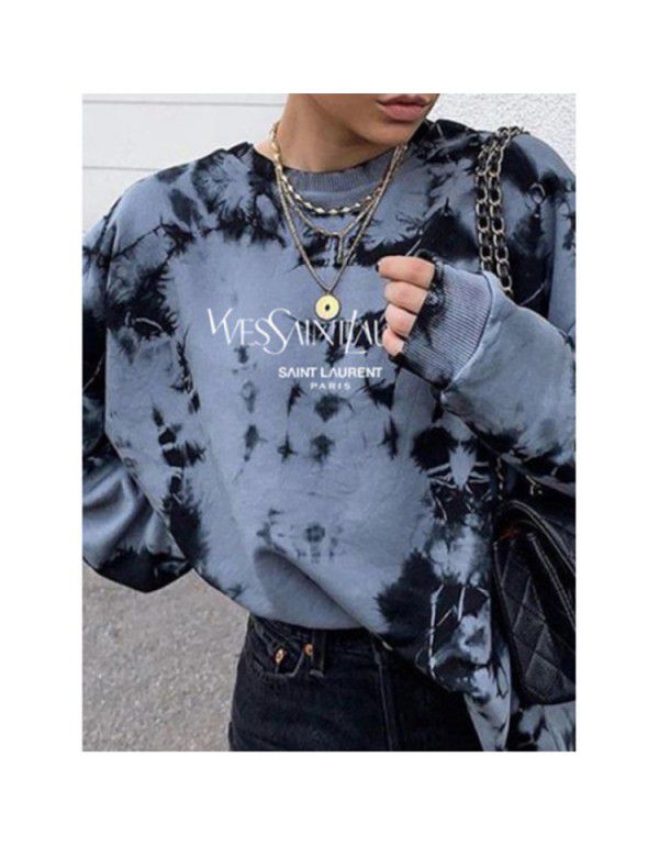 Autumn and winter women's wear European and American tie dyed printed long sleeve T-shirt sweater