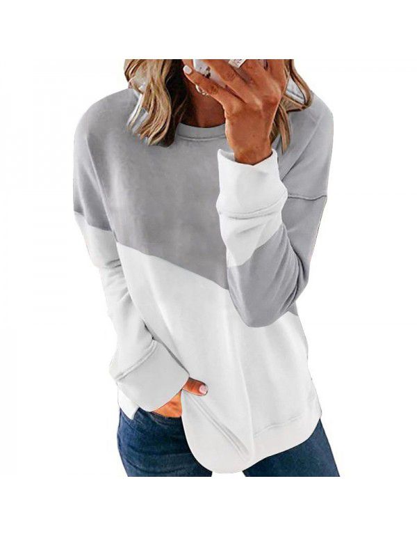 New Contrast Color Long Sleeve Round Neck Contrast Loose Sweater T-shirt Top Women