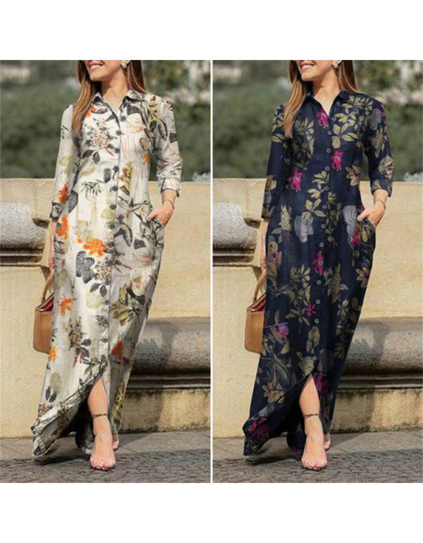 Women's holiday casual lapel long-sleeved gown lon...