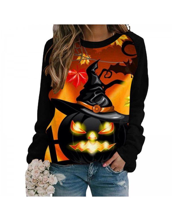 Women's Halloween Round Neck Pullover Long Sleeve Casual Loose Pumpkin Print Women's Sweater