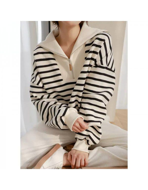 Striped women's sweater women's design sense small spring and summer new fashion casual age reduction loose top autumn and winter women's clothing 