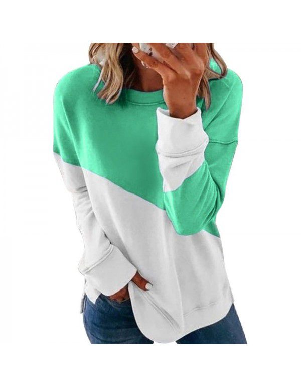 New Contrast Color Long Sleeve Round Neck Contrast Loose Sweater T-shirt Top Women