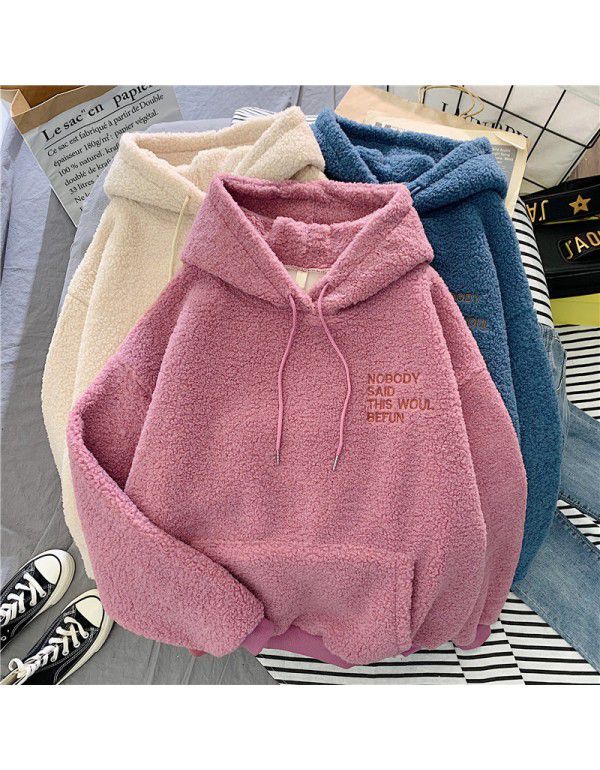 Imitation cashmere sweater women's Korean fashion students loose bf lazy autumn and winter plush thickened hoodie top 