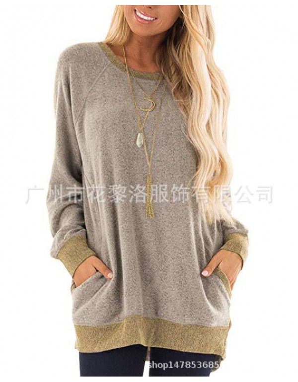 Autumn and winter women's round neck contrast pocket sweater long-sleeved pullover sweatshirt casual T-shirt 