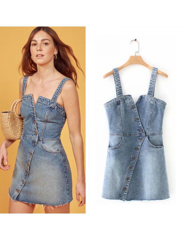 Spring/Summer Wrapped Chest Diagonal Button Denim ...