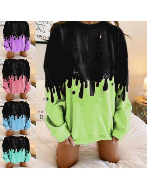 New women's fashion large sleeve contrast print casual cotton pullover autumn and winter sweatshirt Christmas sweater 