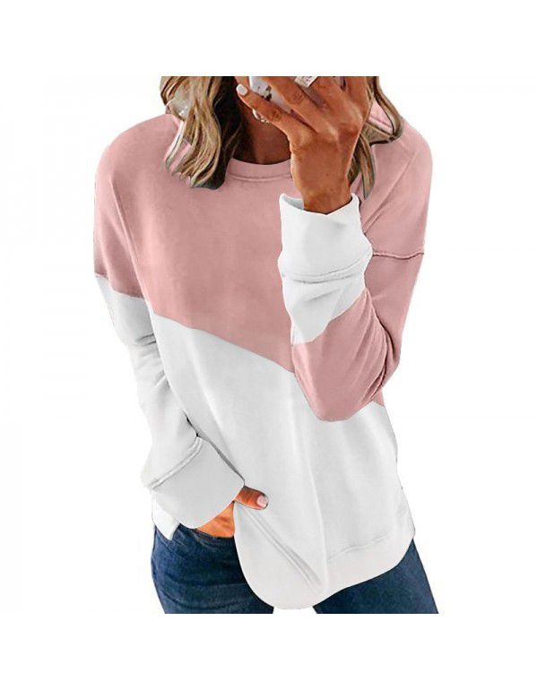 New Contrast Color Long Sleeve Round Neck Contrast Loose Sweater T-shirt Top Women