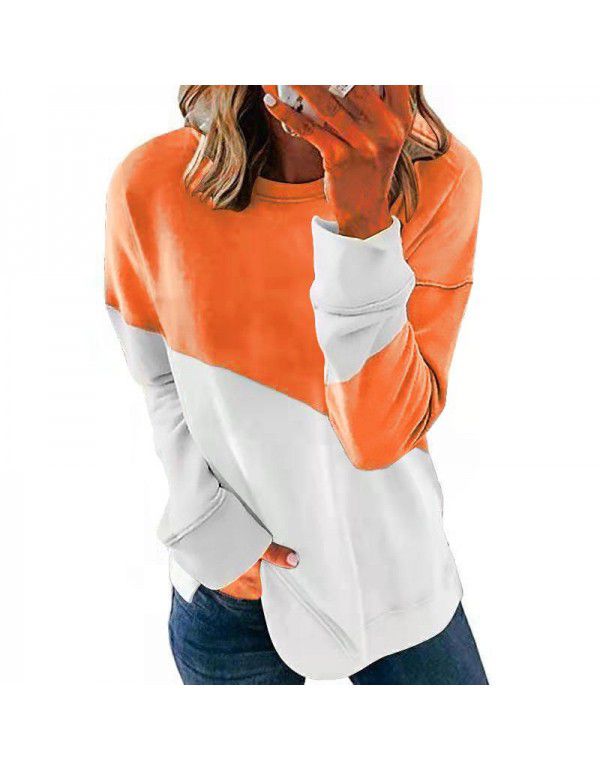 New Contrast Color Long Sleeve Round Neck Contrast Loose Sweater T-shirt Top Women