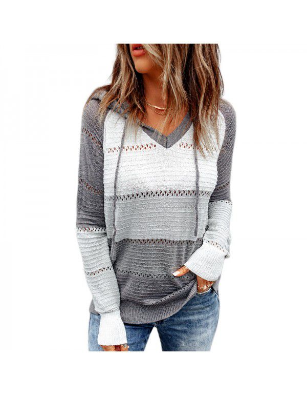 Shiying Knitted Hoodie Women's European and American Long Sleeve Loose Color Stripe Pullover Top Spring and Autumn