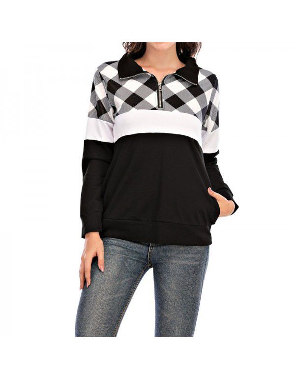 Long Sleeve Plaid Panel Zip Pocket T-shirt Casual Sweater Women's Top