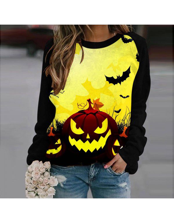 Women's Halloween Round Neck Pullover Long Sleeve Casual Loose Pumpkin Print Women's Sweater