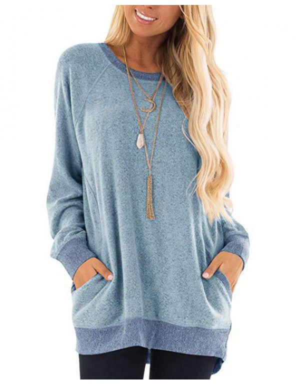 Autumn and winter women's round neck contrast pocket sweater long-sleeved pullover sweatshirt casual T-shirt 