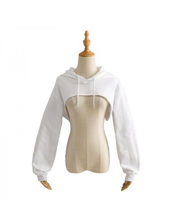 Spring New European Style Short Sports Drawstring Hoodie Women's Solid Color Versatile Long Sleeve Hoodie Top