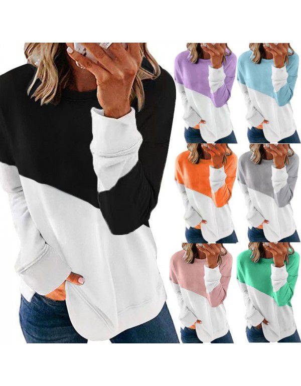 New Contrast Color Long Sleeve Round Neck Contrast Loose Sweater T-shirt Top Women