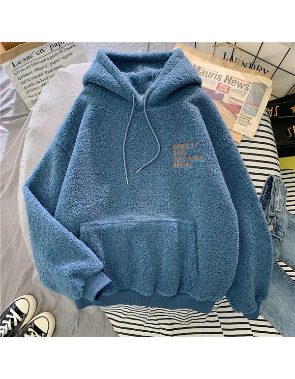 Imitation cashmere sweater women's Korean fashion students loose bf lazy autumn and winter plush thickened hoodie top 