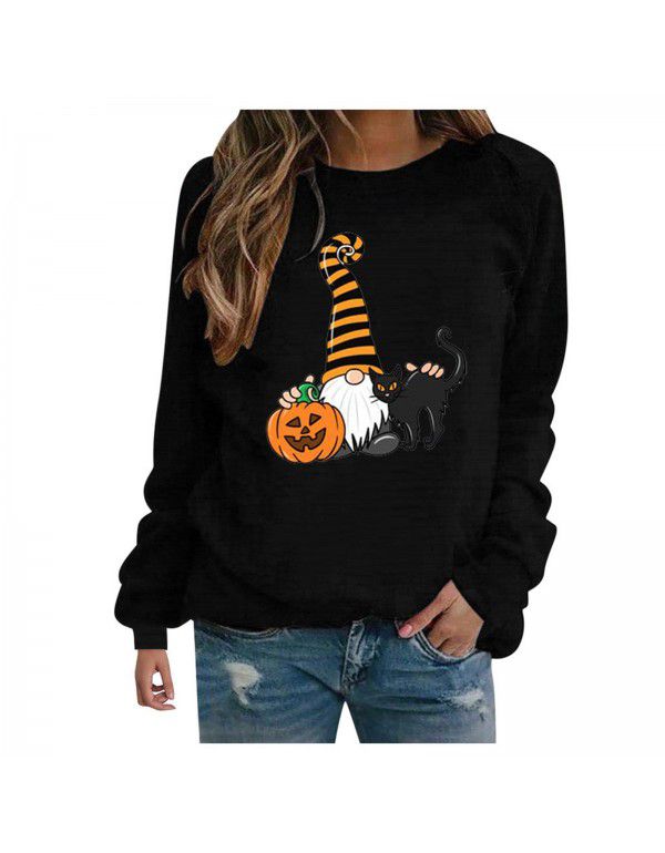 Women's Halloween Round Neck Pullover Long Sleeve Casual Loose Pumpkin Print Women's Sweater