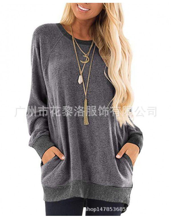 Autumn and winter women's round neck contrast pocket sweater long-sleeved pullover sweatshirt casual T-shirt 