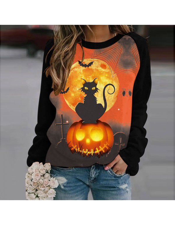 Women's Halloween Round Neck Pullover Long Sleeve Casual Loose Pumpkin Print Women's Sweater