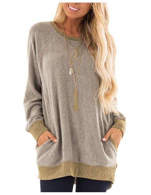 Autumn and winter women's round neck contrast pocket sweater long-sleeved pullover sweatshirt casual T-shirt 