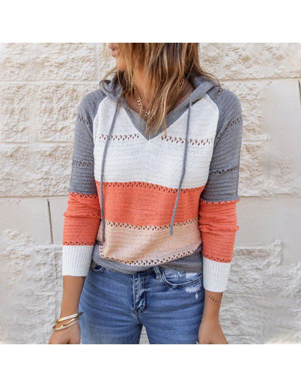 Shiying Knitted Hoodie Women's European and American Long Sleeve Loose Color Stripe Pullover Top Spring and Autumn