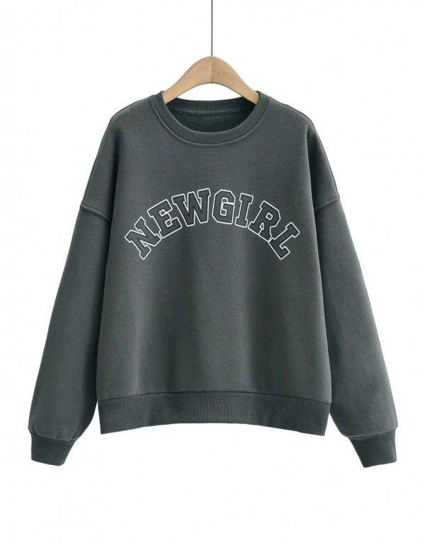 Autumn and Winter New Korean Loose Round Neck Large Print Plush Long Sleeve Pullover Women