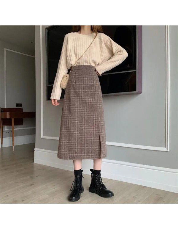 Autumn and Winter New Hong Kong Style Half-length Women's Mid-length Plaid Skirt High Waist A-line Wrapped Hip Skirt Slim Bottom Skirt 