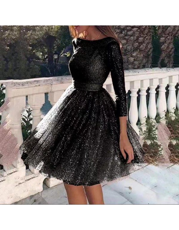 Women's Sparkling Long Sleeve Dress High Waist Evening Dress Cocktail Dress Women's Fashion Dress