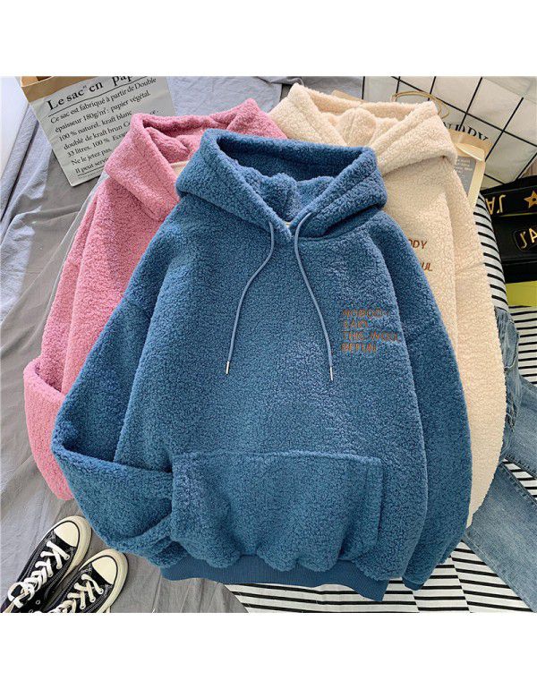 Imitation cashmere sweater women's Korean fashion students loose bf lazy autumn and winter plush thickened hoodie top 