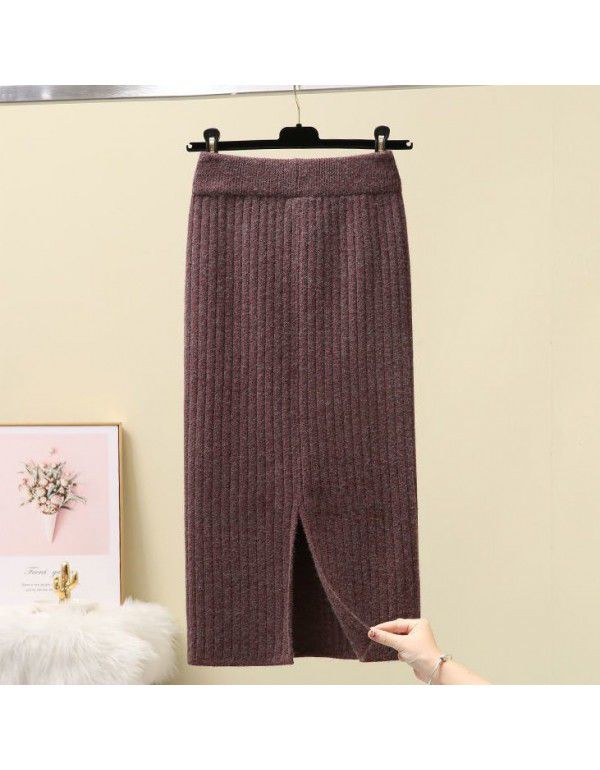 Thickened Split Knitted Halfskirt Wrapped Hip One Step Dress Women's Mid Length Autumn Winter New Long Dress Woolen Skirt 