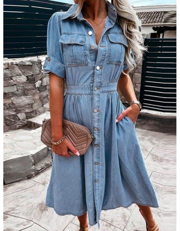 New European and American Polo Neck and Breast Fit Denim Dress