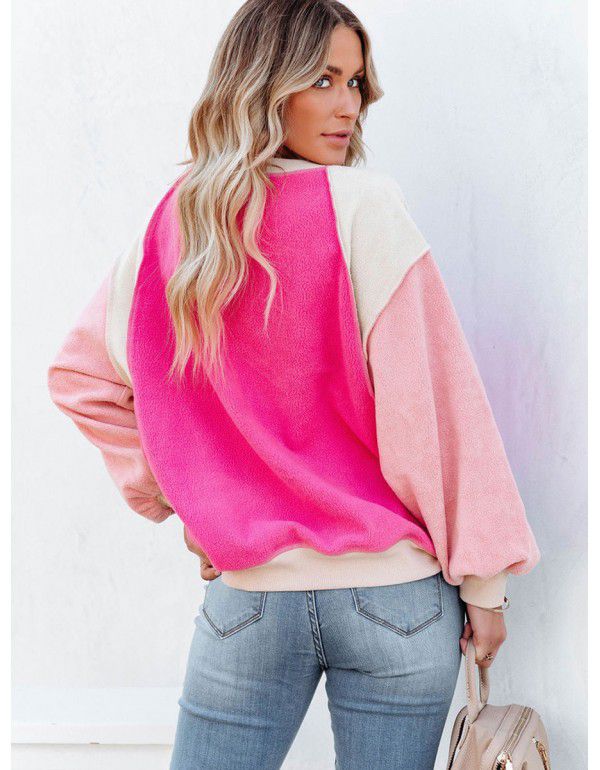 Shiying Women's Winter Fashion New Suede Sweater Contrast Color Long Sleeve Round Neck Pullover Sweater