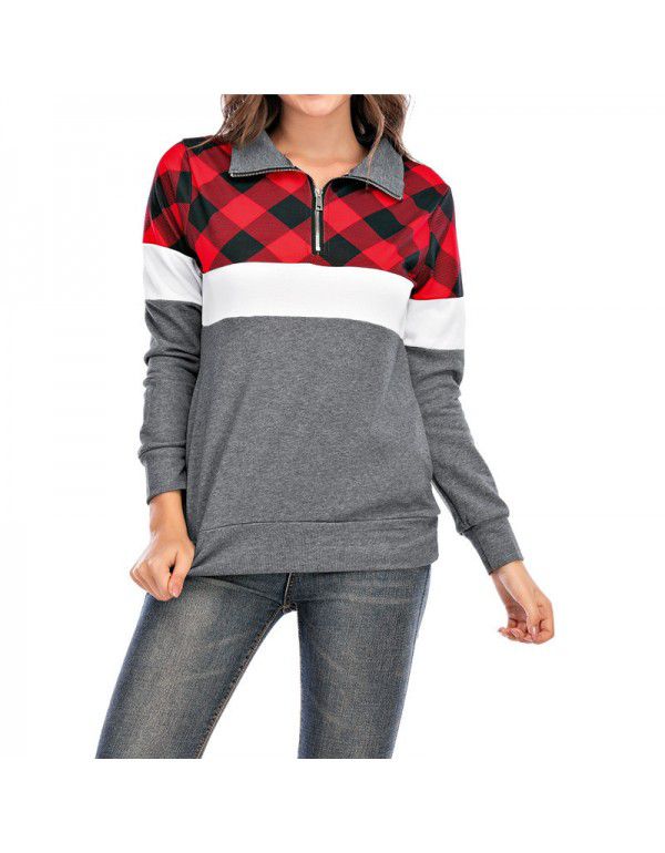 Long Sleeve Plaid Panel Zip Pocket T-shirt Casual Sweater Women's Top