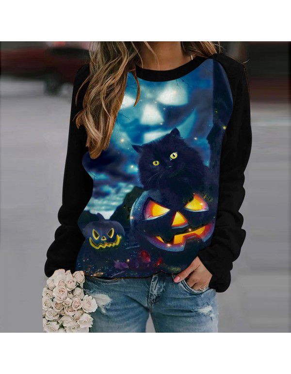 Women's Halloween Round Neck Pullover Long Sleeve Casual Loose Pumpkin Print Women's Sweater